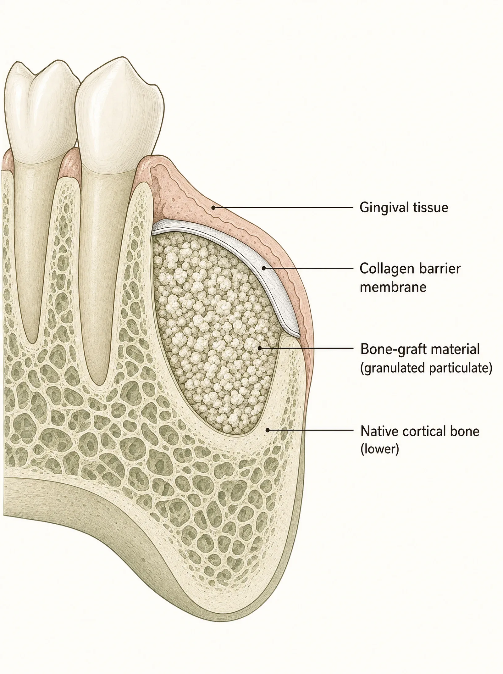 Cross-section illustration showing bone-graft material placed under a collagen barrier membrane against native jawbone
