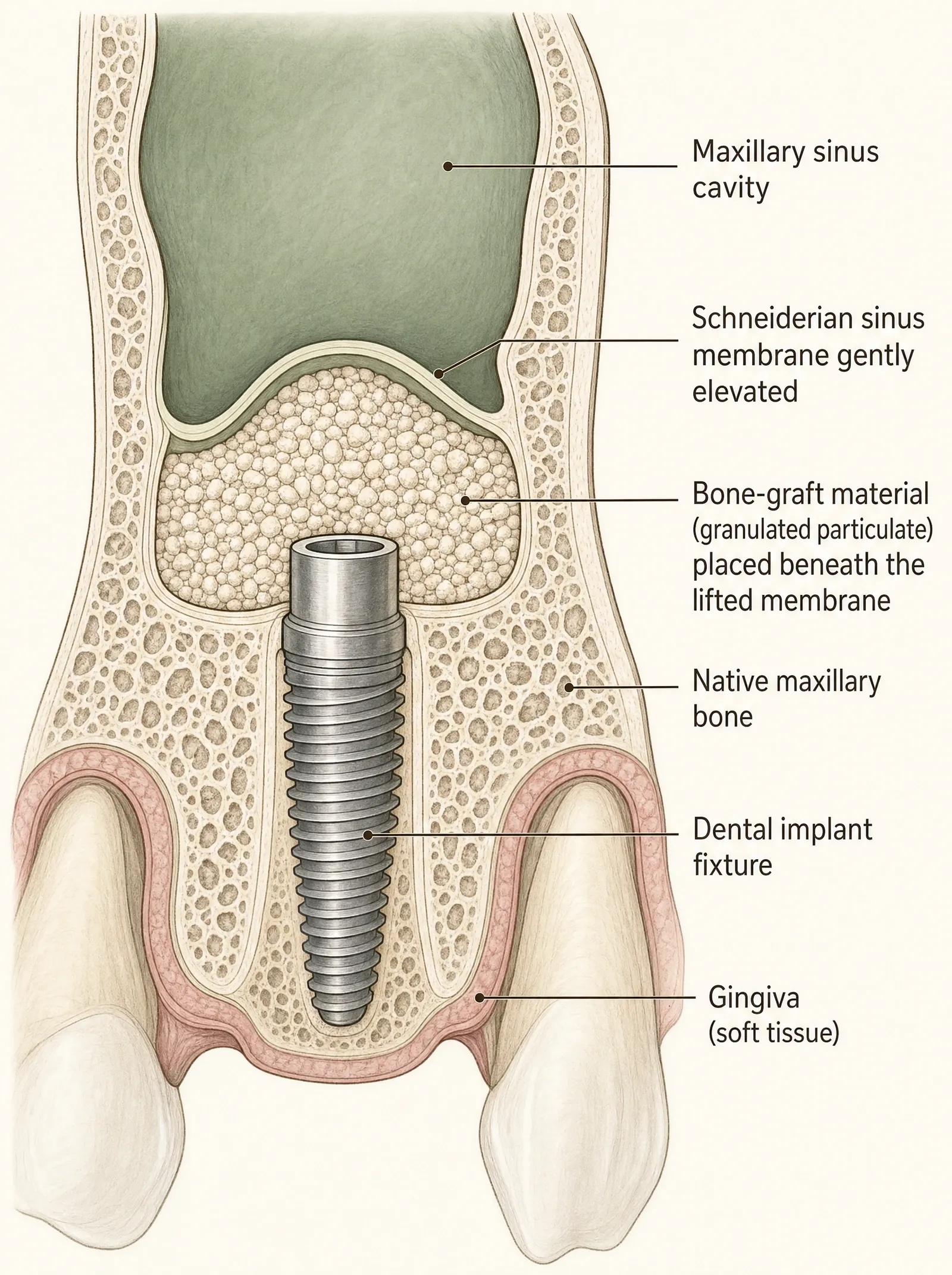 Cross-section illustration of a sinus lift — graft material placed beneath the lifted sinus membrane above an implant fixture
