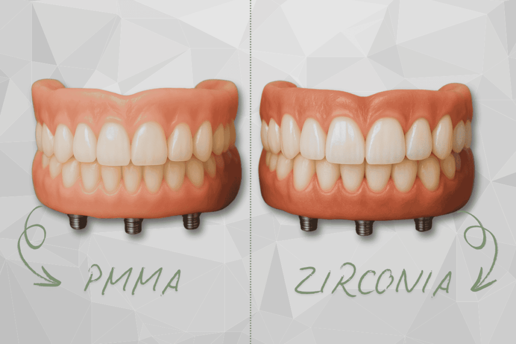 Side by side showing the difference between PMMA and Zirconia dental implants